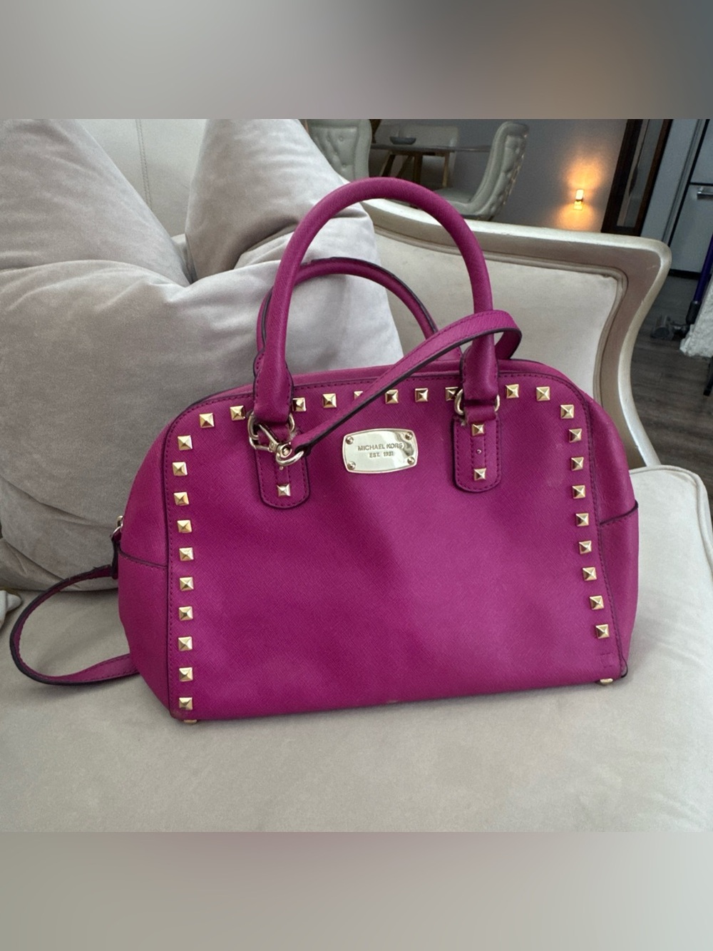 Michael Kors Selma Studded Hot Pink Leather Medium Satchel Crossbody Bag